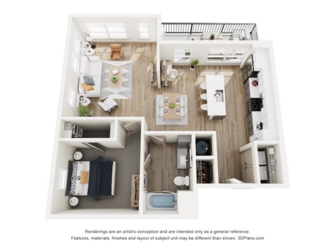 A top-down view of a small apartment with a kitchen, living room, and bathroom.